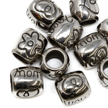 Stainless Steel 8x8mm Flower, Heart, Mom Barrel Bead