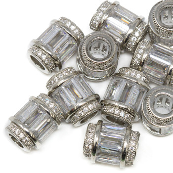 Silver Plated Micro Pave 12x9mm Baguette Column Bead