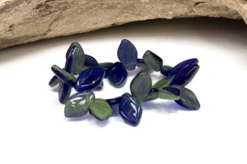 Czech Glass 12x8mm Medium Leaf Beads - Cobalt Sage Green Opaque Mix