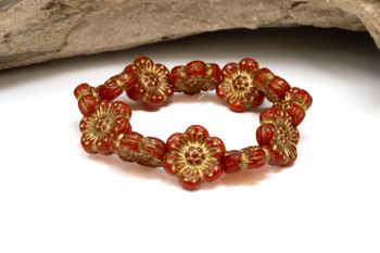 Czech Glass 14mm Wild Rose - Burnt Orange Opaline Gold Wash