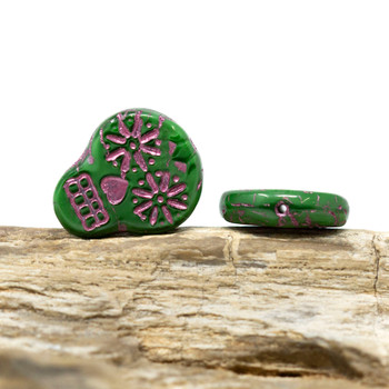 Czech Glass 20x17mm Sugar Skull Coin - Green Silk with Pink Wash