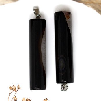 Silver Plated Black Agate with Quartz Polished 12x50mm Pendant