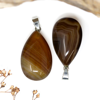 Silver Plated Brown Stripe Agate Polished 20x32mm Heart Pendant