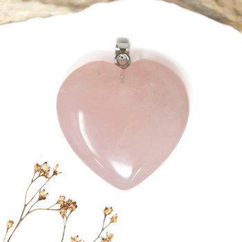Silver Plated Rose Quartz Polished 40mm Heart Pendant