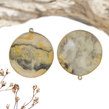 Gold Plated Crazy Lace Agate Polished 30mm Flat Round Pendant
