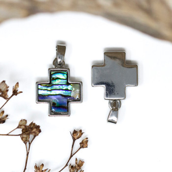 Silver Plated Abalone Polished 13mm Square Cross Charm