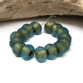 Czech Glass 8x12mm Large Hole Roller Rondelle Beads - Blue Green Gold Wash