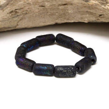 Czech Glass 14x7mm Large Hole Tube Beads - Black Etched Metallic Purple Blue Pink Gold Finish