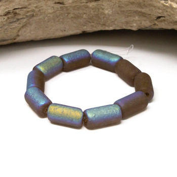 Czech Glass 14x7mm Large Hole Tube Beads - Light Brown Etched AB Gold