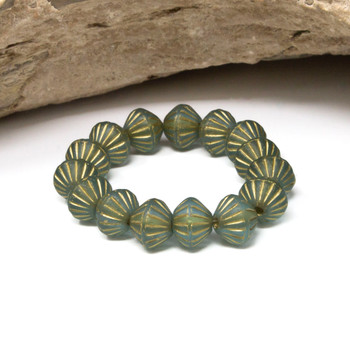 Czech Glass 9mm Tribal Bicone Beads - Baby Blue with Gold Finish