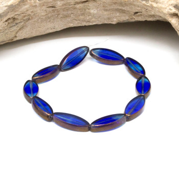 Czech Glass 18x7mm Pointed Oval Spindle Beads - Sapphire Sky Blue Bronze Finish