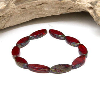 Czech Glass 18x7mm Pointed Oval Spindle Beads - Red Ladybug with Picasso Finish
