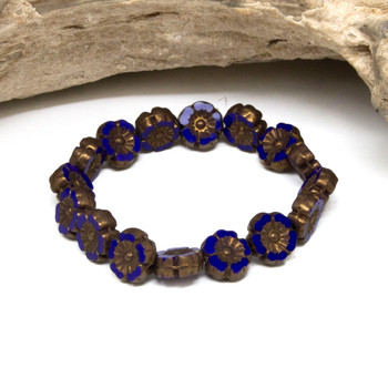 Czech Glass 9mm Hibiscus Flower Beads - Indigo with Gold Finish