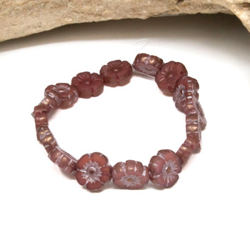 Czech Glass 9mm Hibiscus Flower Beads - Dusty Rose Pink & Silver Luster