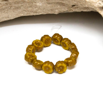 Czech Glass 7mm Hibiscus Flower Beads - Yellow Opaque with Light Bronze Finish