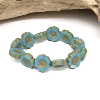 Czech Glass 12mm Hibiscus - Sky Blue Etched Metallic Beige Finish
