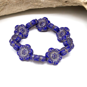 Czech Glass 14mm Wild Rose - Royal Blue Opaque Platinum Wash