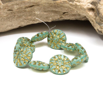 Czech Glass 14mm Dahlia Flower - Mint Wash Green Gold