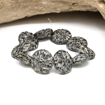 Czech Glass 14mm Dahlia Flower - Antique Silver White Wash