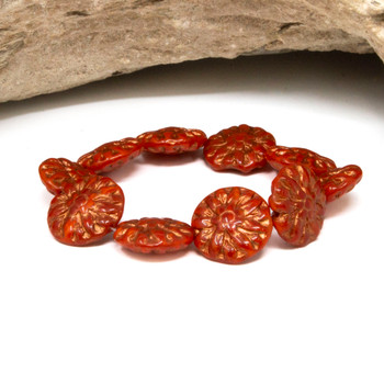 Czech Glass 14mm Dahlia Flower - Ladybug Red Copper Wash