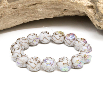Czech Glass 10mm Round Rose Beads - White AB Finish Metallic Beige Wash