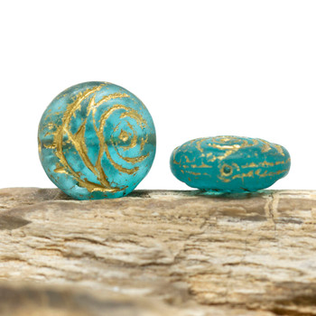 Czech Glass 17mm Rose Coin Bead - Matte Tiffany with Gold Wash