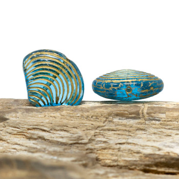 Czech Glass 15x18mm Seashell Bead - Sky Blue with Gold Wash