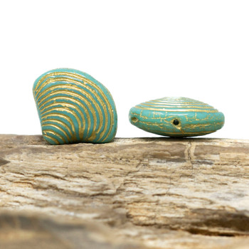 Czech Glass 15x18mm Seashell Bead - Sea Green with Gold Wash