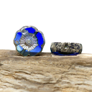 Czech Glass 12mm Hibiscus Flower Bead - Sapphire & Sky Blue with Antique Silver