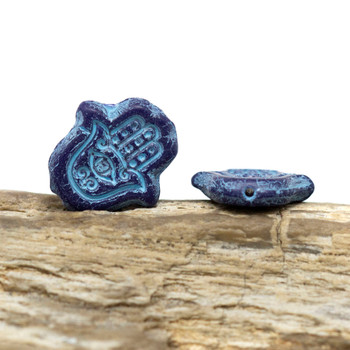 Czech Glass 15x10mm Hamsa Hand Bead - Matte Sapphire with Turquoise Wash