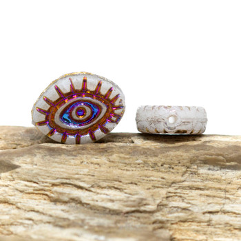 Czech Glass 14x11mm Mystic Eye Bead - Matte White with Metallic Volcano Wash