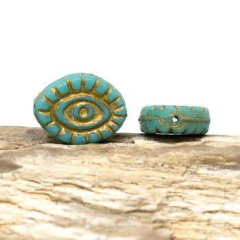 Czech Glass 14x11mm Mystic Eye Bead - Sea Green with Gold Wash