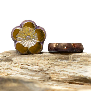 Czech Glass 21mm Hibiscus Flower Bead - Root Beer with Etched & Copper Rainbow Finish