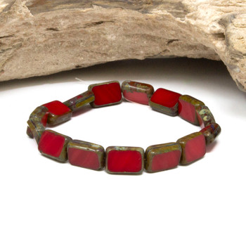 Czech Glass 12x8mm Rectangle Beads - Red Opaque Picasso