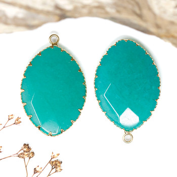 Gold Plated Teal Jade Polished 36x26mm Faceted Horse Eye Pendant