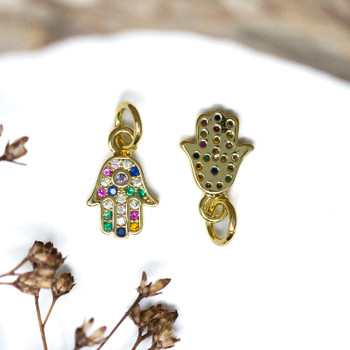 Gold Plated Micro Pave 8mm Multi Colored Hamsa Hand Charm