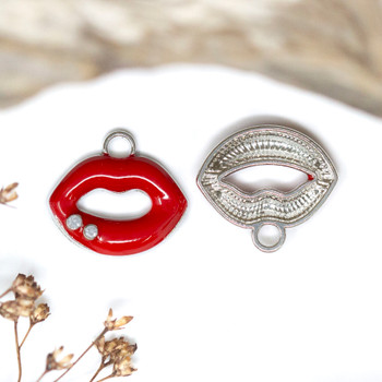 Silver Plated Micro Pave Enamel 15x17mm Red Lips Charm