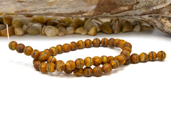 Tibetan Style Agate Green Brown Striped Matte 8mm Round