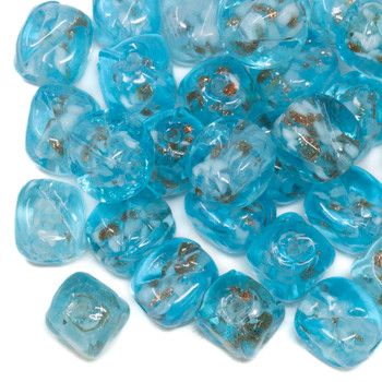 Lampwork Aqua Blue Gold 10-12mm Cube Bead