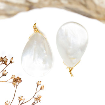 Gold Plated White Shell 18x30mm Wire Wrapped Drop Pendant