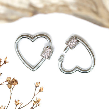 Silver Plated 18mm Micro Pave Heart Carabiner Clasp
