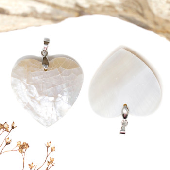 Silver Plated Polished 34mm White Shell Heart Pendant