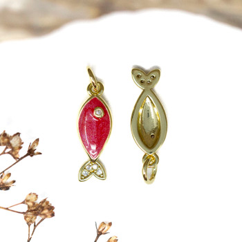 18kt Gold Plated Micro Pave Enamel 7x18mm Red Fish Charm