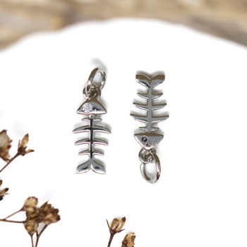 Silver Plated Micro Pave 14x6mm Fish Bone Charm