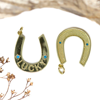 Gold Plated Micro Pave 24x28mm Turquoise Horseshoe Charm