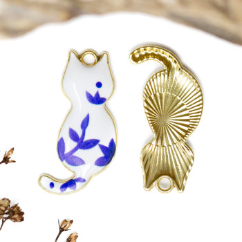 Gold Plated Enamel Alloy 15x30mm Blue & White Cat Charm