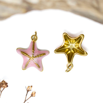 Gold Plated Enamel Stainless Steel 15x16mm Pink Starfish Charm