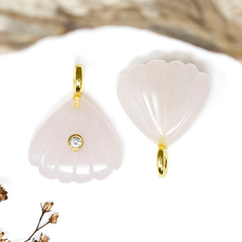 Gold Plated Carved Rose Quartz with CZ Polished 27x22mm Shell Pendant