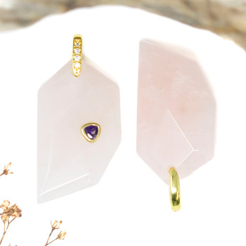 Gold Plated Rose Quartz Micro Pave with Purple CZ Polished 40x22mm Faceted Nugget Pendant