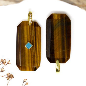 Gold Plated Tiger Eye Micro Pave Polished 39x19mm Faceted Rectangle Pendant
